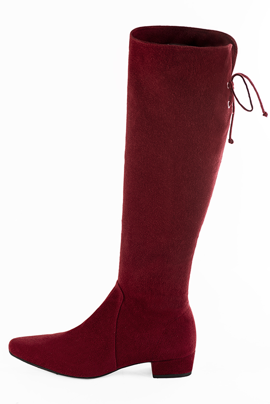 Burgundy red women's knee-high boots, with laces at the back. Round toe. Low block heels. Made to measure. Profile view - Florence KOOIJMAN